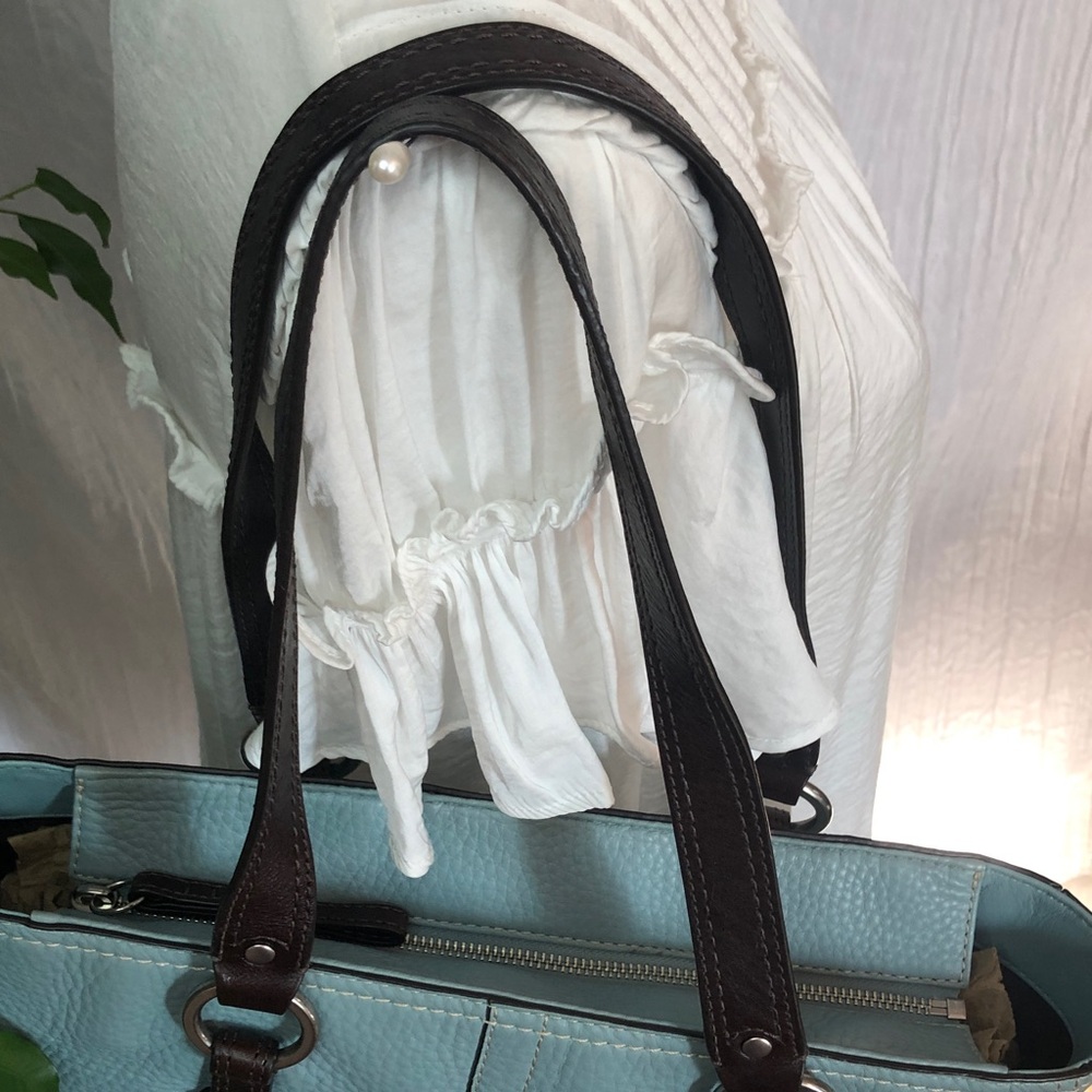 Vintage COACH pebbled leather light blue & brown double handles satchel bag - Picture 2 of 13